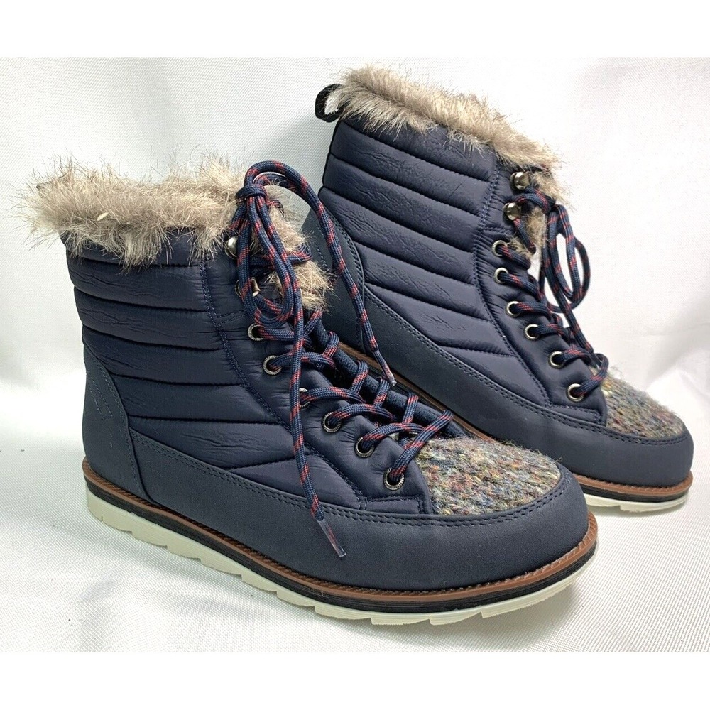 Muk Luks Women's Sigrid Navy Lace Up Boots Fur Trim Navy Blue Size 10